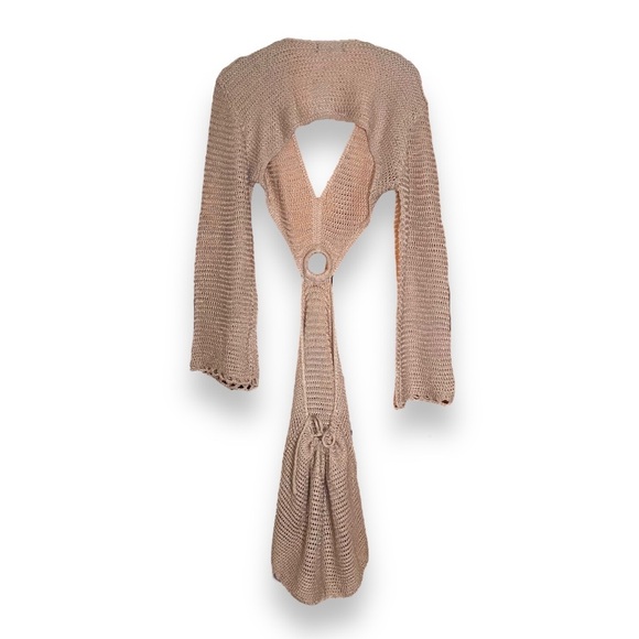 NWT Crochet Long Sleeve Side Cutouts Mini Dress Swim Cover Up Tan XL Large - Picture 4 of 5